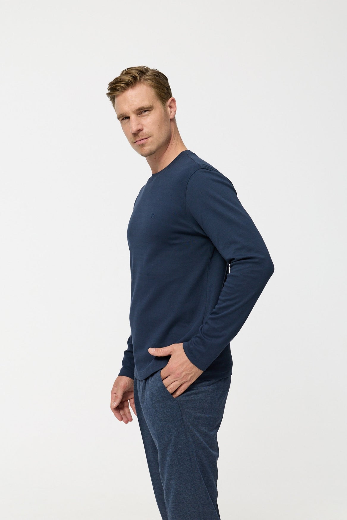 DiOwen Langarm Shirt Slim Fit | Dk. Navy